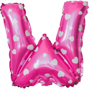 Balon Folie Metalizata Litera W, , 40 cm, Cu Imprimeu Inimioare, Umflati cu Heliu sau Aer, Ambalaj Individual, Pai inclus, Roz