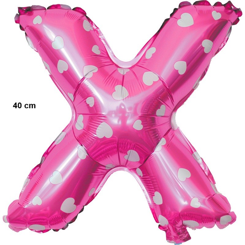 Balon Folie Metalizata Litera X, , 40 cm, Cu Imprimeu Inimioare, Umflati cu Heliu sau Aer, Ambalaj Individual, Pai inclus, Roz - imagine 2