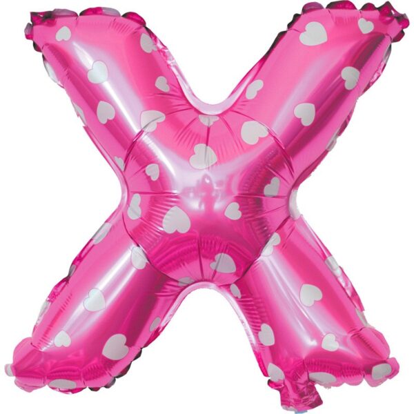 Balon Folie Metalizata Litera X, , 40 cm, Cu Imprimeu Inimioare, Umflati cu Heliu sau Aer, Ambalaj Individual, Pai inclus, Roz - imagine 3