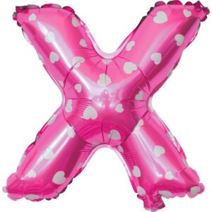 Balon Folie Metalizata Litera X, , 40 cm, Cu Imprimeu Inimioare, Umflati cu Heliu sau Aer, Ambalaj Individual, Pai inclus, Roz