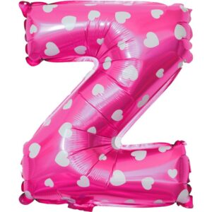 Balon Folie Metalizata Litera Z, , 40 cm, Cu Imprimeu Inimioare, Umflati cu Heliu sau Aer, Ambalaj Individual, Pai inclus, Roz