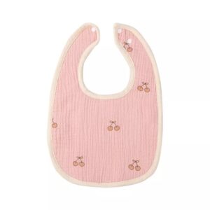 Baveta in Forma de U, , din Bumbac, pentru Copii 0-12 Luni, Rezistenta la Apa, cu Capse, Model cu Cirese,  21x30 cm, Roz