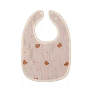 Baveta in Forma de U, , din Bumbac, pentru Copii 0-12 Luni, Rezistenta la Apa, cu Capse, Model cu Ursuleti,  21x30 cm, Bej