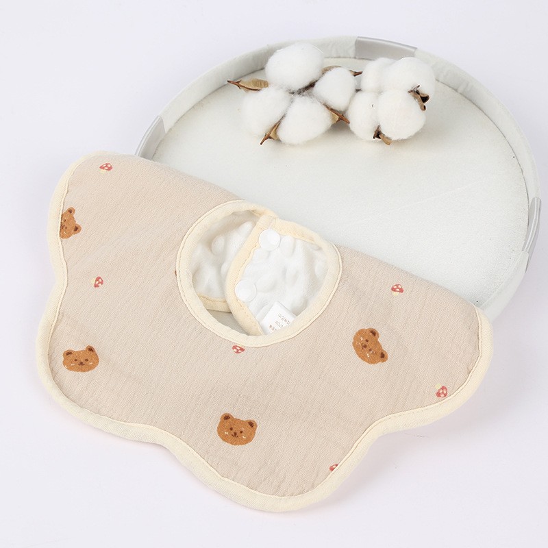 Baveta Tip Floare, , din Bumbac, pentru Copii 0-12 Luni, Rezistenta la apa, cu Capse, Model cu Ursuleti, 26 x 29 cm, Crem - imagine 2