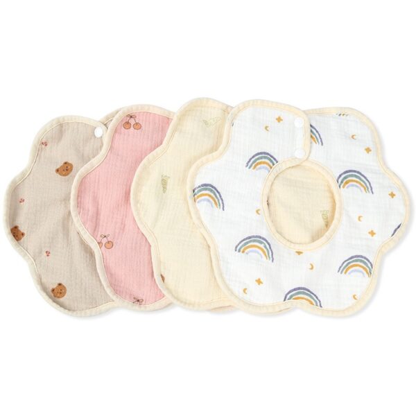 Baveta Tip Floare, , din Bumbac, pentru Copii 0-12 Luni, Rezistenta la apa, cu Capse, Model cu Ursuleti, 26 x 29 cm, Crem - imagine 4