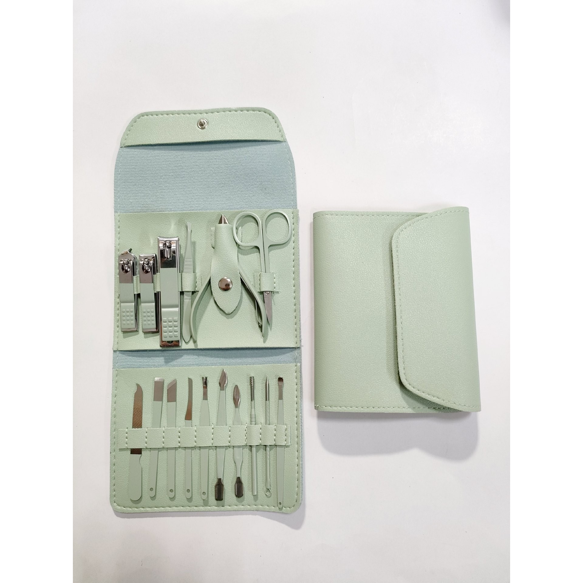 Set 16 Piese de Ingrijire Cosmetica, , pentru Manichiura, Pedichiura, Fata, Geanta Organizatoare din Piele Ecologica Inclusa, Verde - imagine 2
