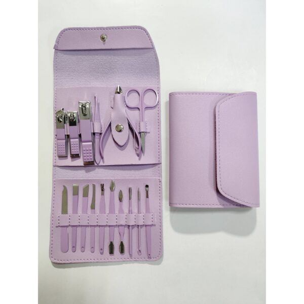 Set 16 Piese de Ingrijire Cosmetica, , pentru Manichiura, Pedichiura, Fata, Geanta Organizatoare din Piele Ecologica Inclusa, Mov - imagine 4