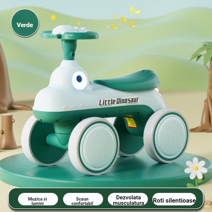 Bicicleta Pentru Copii, , Fara Pedale, Cu Patru Roti, Din Plastic Rezistent, Fara BPA, Cu Muzica Si Lumini, Model Dinozaur, 50x27x40 Cm, Verde - imagine 2