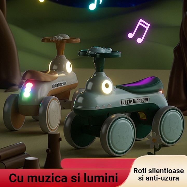 Bicicleta Pentru Copii, , Fara Pedale, Cu Patru Roti, Din Plastic Rezistent, Fara BPA, Cu Muzica Si Lumini, Model Dinozaur, 50x27x40 Cm, Galben-Mustar - imagine 4