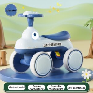 Bicicleta Pentru Copii, , Fara Pedale, Cu Patru Roti, Din Plastic Rezistent, Fara BPA, Cu Muzica Si Lumini, Model Dinozaur, 50x27x40 Cm, Albastru