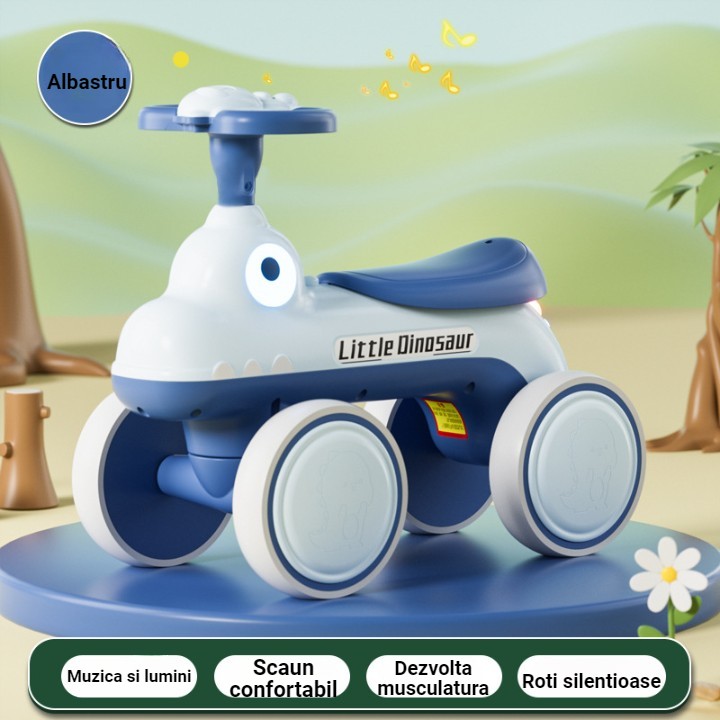 Bicicleta Pentru Copii, , Fara Pedale, Cu Patru Roti, Din Plastic Rezistent, Fara BPA, Cu Muzica Si Lumini, Model Dinozaur, 50x27x40 Cm, Albastru