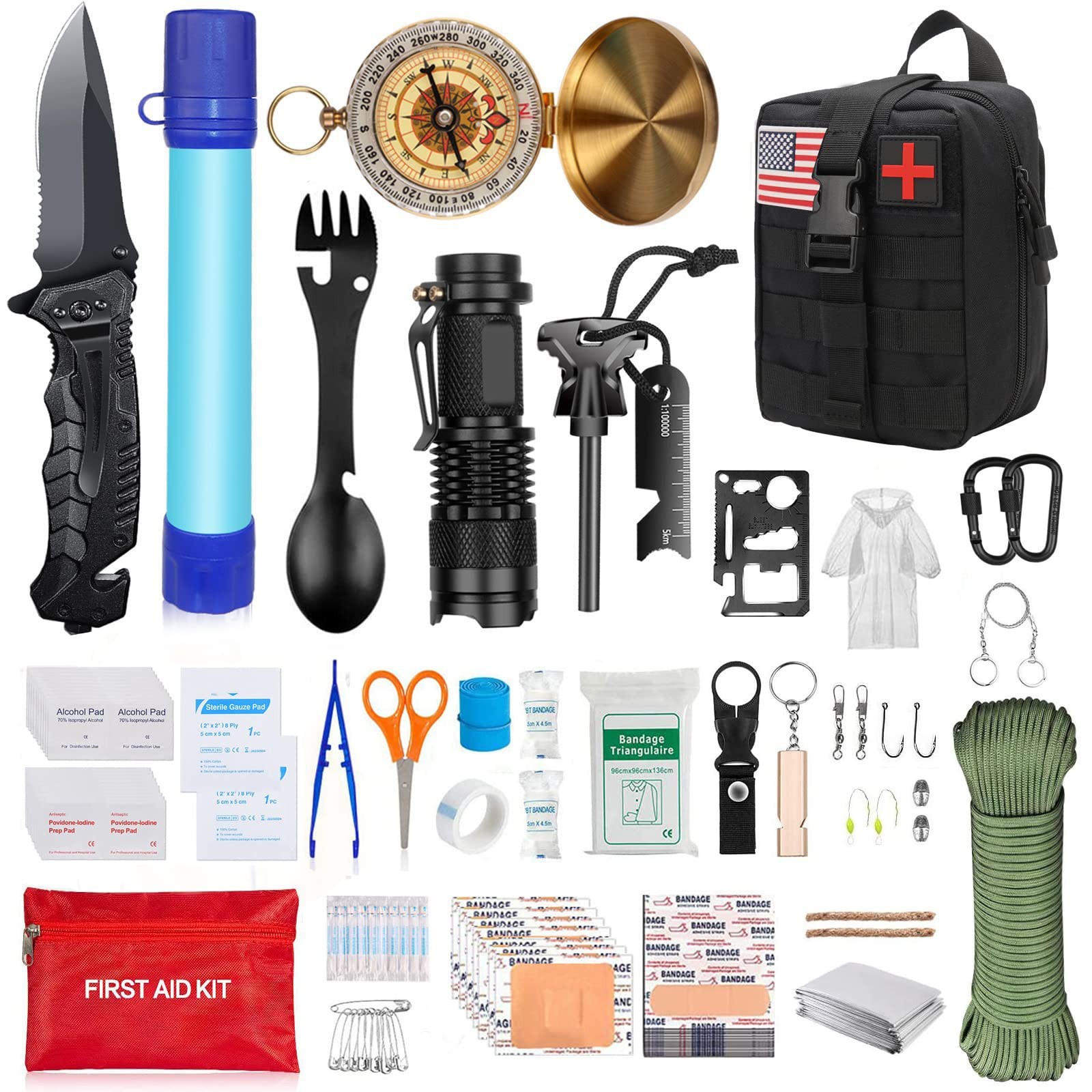 Kit supravietuire multifuncional , 40 de Instrumente Profesionale, Echipament de prim-ajutor, Drumetie, Camping