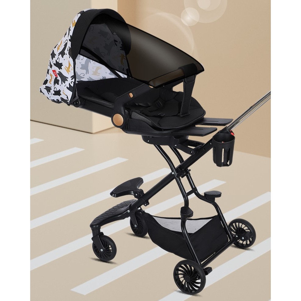 Carucior Sport  3in1, 6-36 Luni, Reversibil, Pliabil, Tavita pentru Masa, Pozitie de Somn, Centura de Siguranta, Roti 360, Suport Pahar, Copertina pentru Soare, 32x63x95cm, Negru Model Pisicute - imagine 4