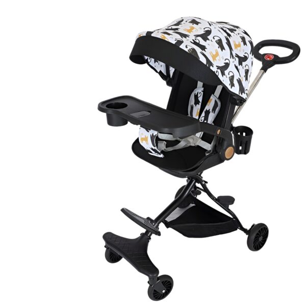 Carucior Sport  3in1, 6-36 Luni, Reversibil, Pliabil, Tavita pentru Masa, Pozitie de Somn, Centura de Siguranta, Roti 360, Suport Pahar, Copertina pentru Soare, 32x63x95cm, Negru Model Pisicute