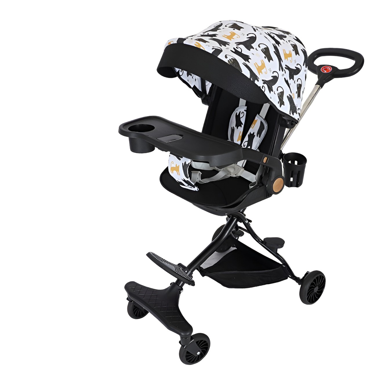 Carucior Sport  3in1, 6-36 Luni, Reversibil, Pliabil, Tavita pentru Masa, Pozitie de Somn, Centura de Siguranta, Roti 360, Suport Pahar, Copertina pentru Soare, 32x63x95cm, Negru Model Pisicute