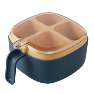 Recipient pentru condimente , 4 casute, potrivit pentru sare, cimbru, piper, condimente, 4 lingurite din plastic, capac din plastic, maner, 14x14x8 cm, albastru