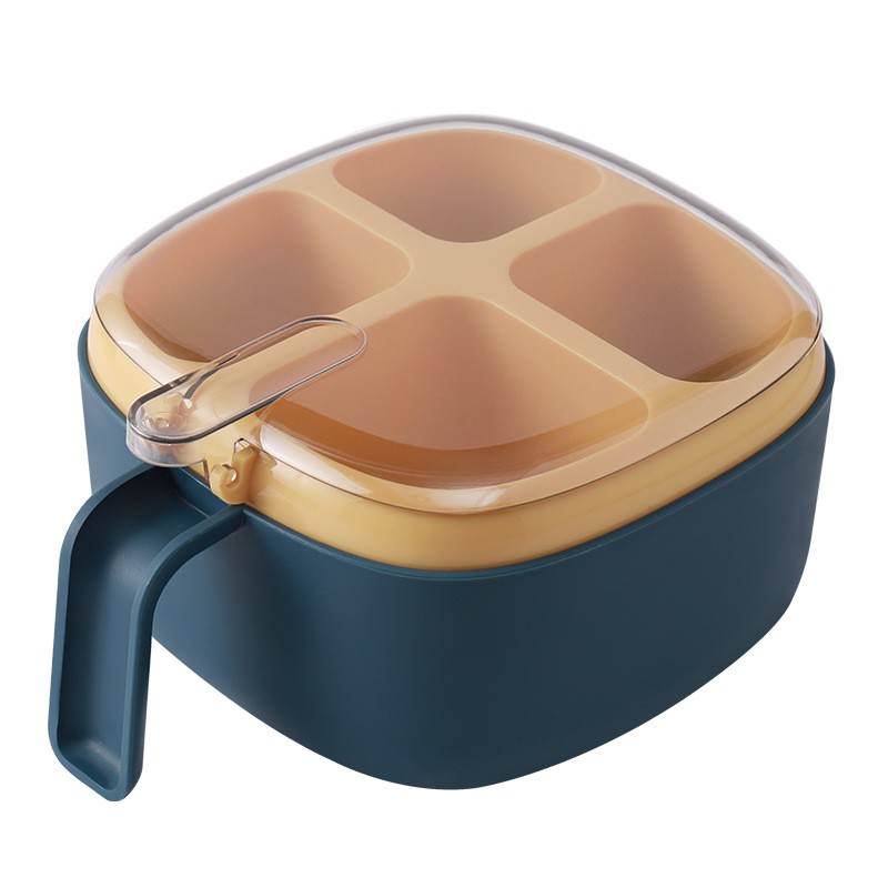 Recipient pentru condimente , 4 casute, potrivit pentru sare, cimbru, piper, condimente, 4 lingurite din plastic, capac din plastic, maner, 14x14x8 cm, albastru