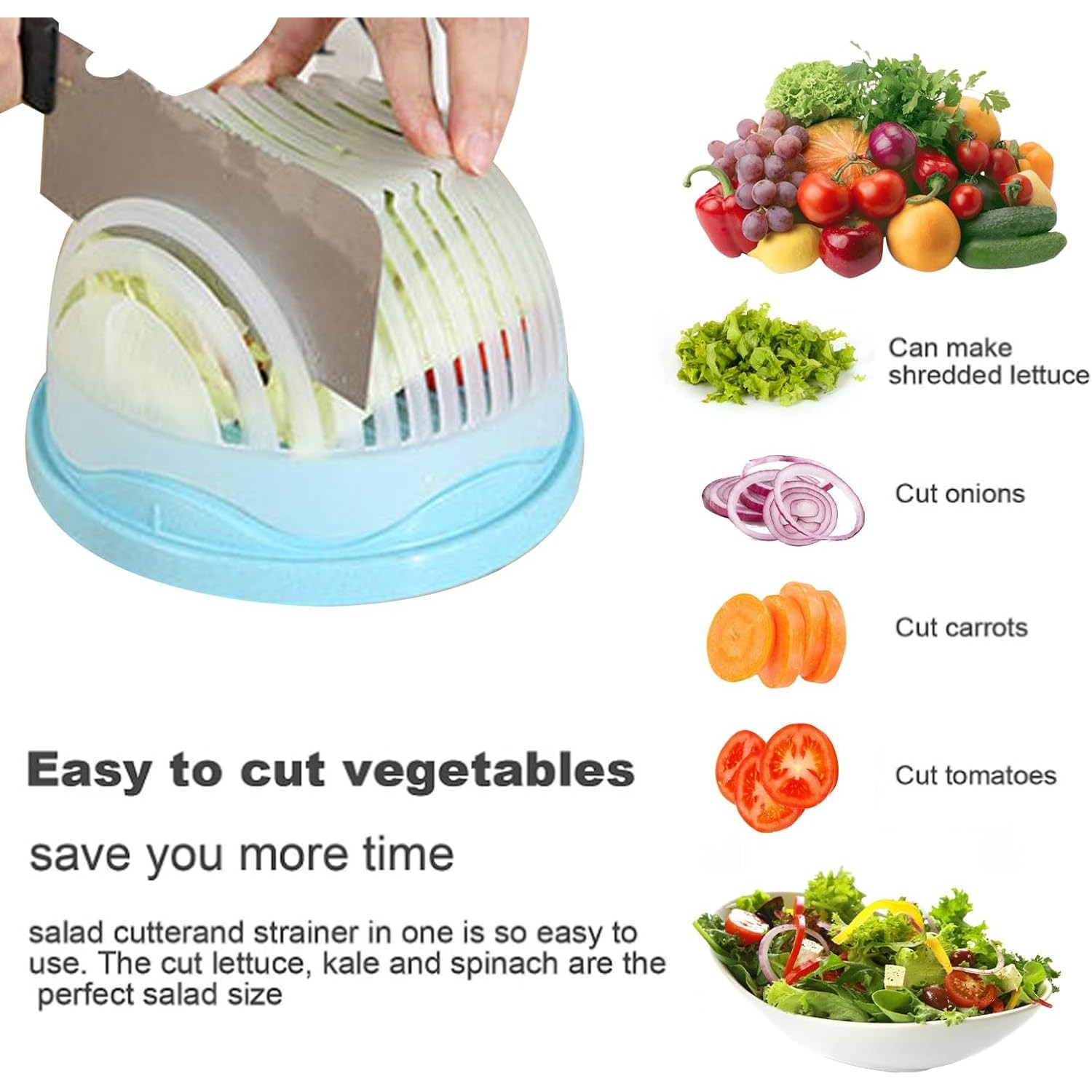 Bol Feliator pentru Salata, , Castron Multifunctional pentru Legume si Fructe, pentru Spalat si Taiat Legumele, cu Scurgere si Tocator, Ergonomic, Protectie pentru Maini, 21x18.5x11.5 cm, Albastru - imagine 4