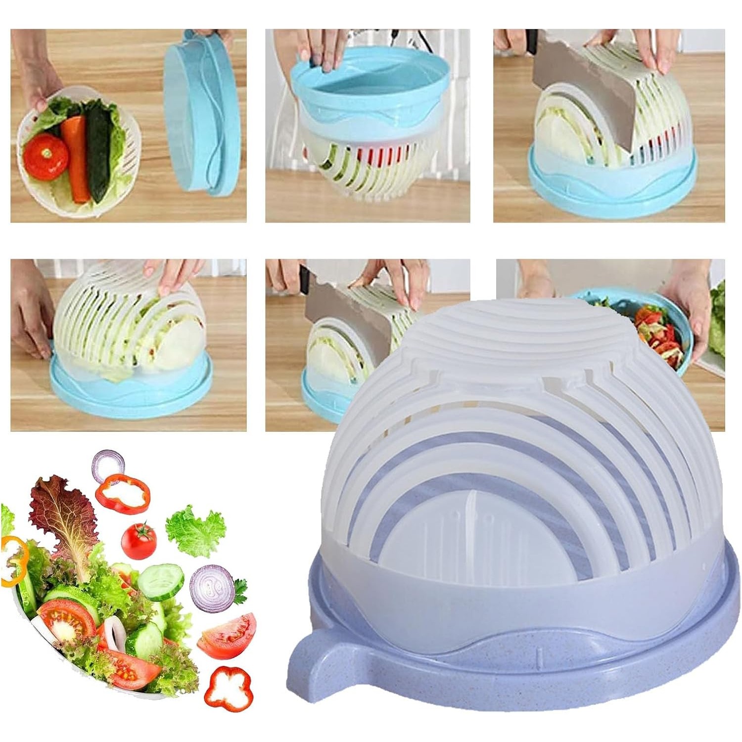 Bol Feliator pentru Salata, , Castron Multifunctional pentru Legume si Fructe, pentru Spalat si Taiat Legumele, cu Scurgere si Tocator, Ergonomic, Protectie pentru Maini, 21x18.5x11.5 cm, Mov - imagine 3