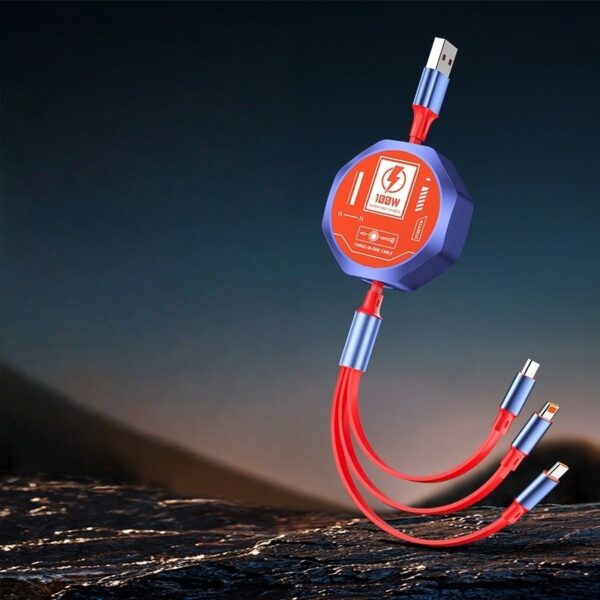 Cablu Retractabil 3in 1 pentru Telefon, , Cablu de incarcare rapida 100W, stil Mecha, potrivit pentru Auto, Universal 1.2M, Rosu Albastru - imagine 2