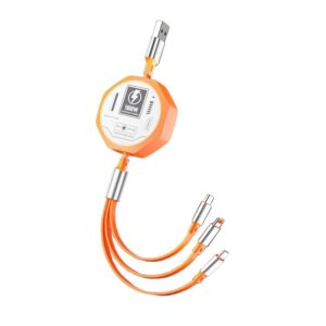 Cablu Retractabil 3in 1 pentru Telefon, , Cablu de incarcare rapida 100W, stil Mecha, potrivit pentru Auto, Universal 1.2M, Portocaliu