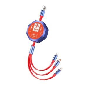 Cablu Retractabil 3in 1 pentru Telefon, , Cablu de incarcare rapida 100W, stil Mecha, potrivit pentru Auto, Universal 1.2M, Rosu Albastru