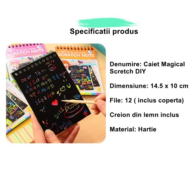 Caiet cu fise razuibile , DIY Magic Scratch, 12 File, Curcubeu, Creion din Lemn, Cartonase negre, 14.5 x 10 cm, verde - imagine 2