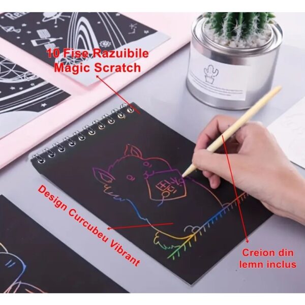 Caiet cu fise razuibile , DIY Magic Scratch, 12 File, Curcubeu, Creion din Lemn, Cartonase negre, 14 x 10 cm, albastru - imagine 3