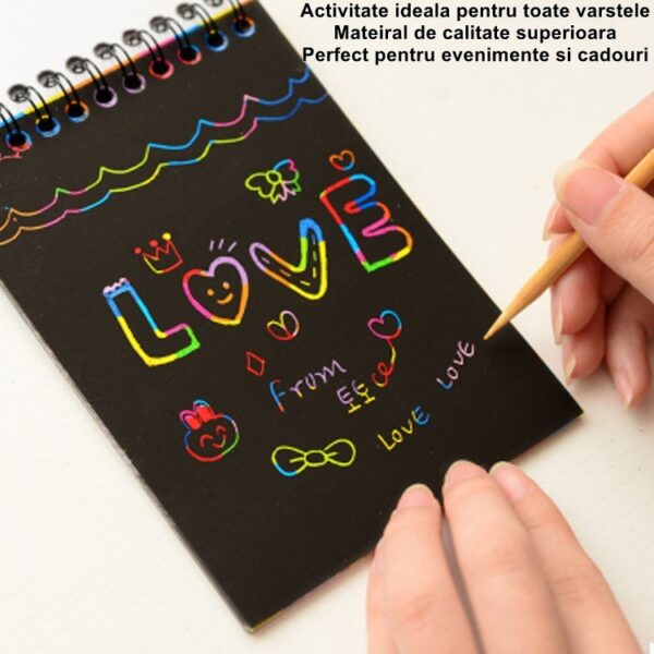 Caiet cu fise razuibile , DIY Magic Scratch, 12 File, Curcubeu, Creion din Lemn, Cartonase negre, 14.2 x 9.8 cm, Roz deschis - imagine 4