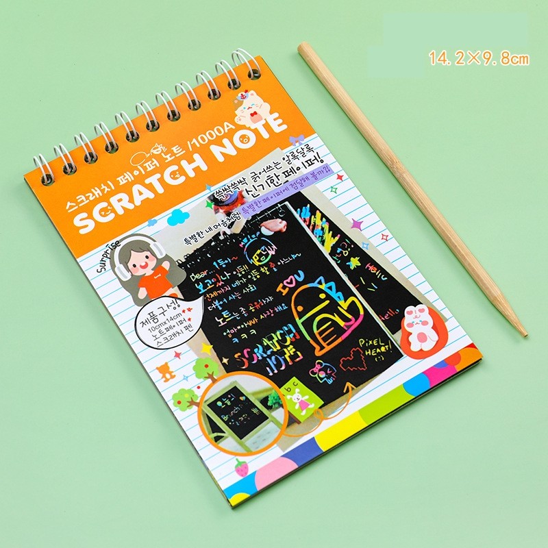 Caiet cu fise razuibile , DIY Magic Scratch, 12 File, Curcubeu, Creion din Lemn, Cartonase negre, 14.2 x 9.8 cm, Portocaliu - imagine 2
