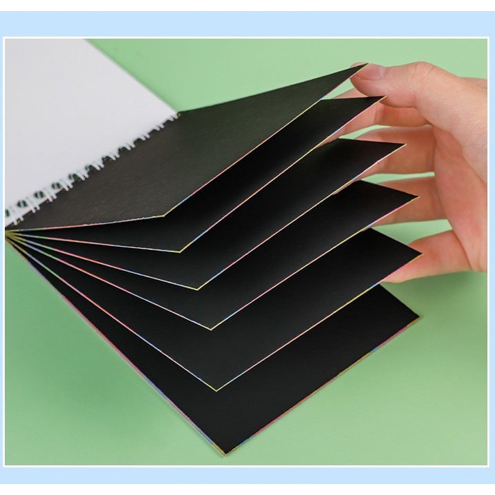 Caiet cu fise razuibile , DIY Magic Scratch, 12 File, Curcubeu, Creion din Lemn, Cartonase negre, 14.2 x 9.8 cm, Portocaliu - imagine 4