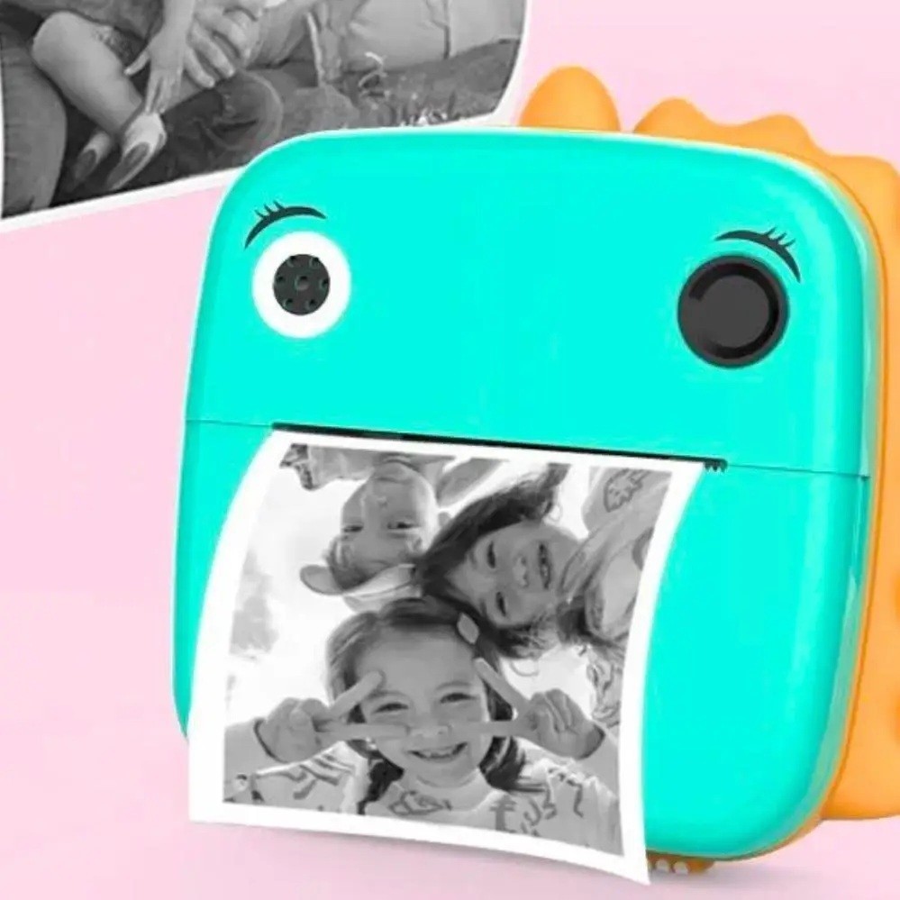 Camera Instantanee pentru Copii, , Camera Frontala + Selfie, cu Functie de Printare, Cablu USB-C, Bluetooth, Compatibil iOS/Android, Model Dinozaur, Snur Inclus, Verde - imagine 3