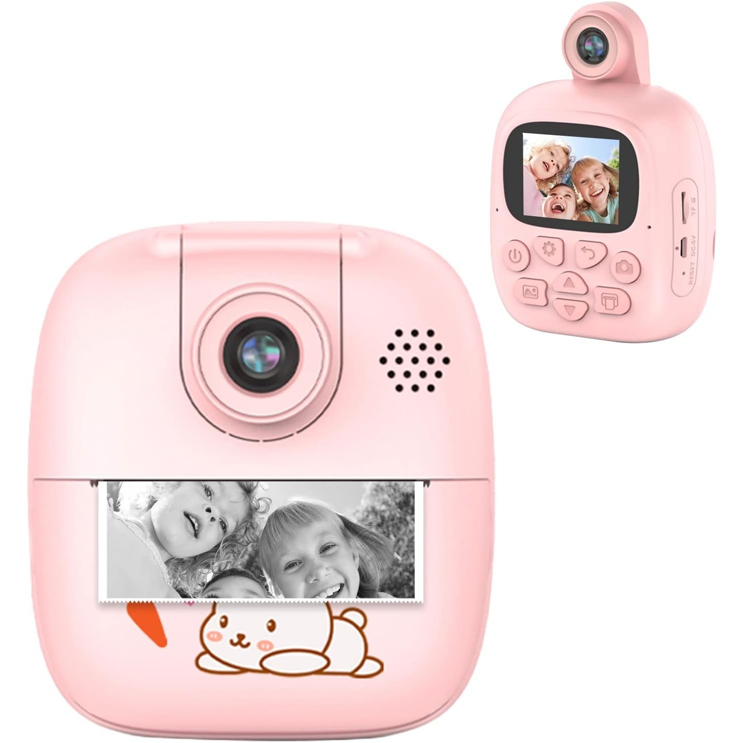 Camera Instantanee pentru Copii, , Camera Frontala + Selfie, cu Functie de Printare, Cablu USB-C, Bluetooth, Compatibil iOS/Android, Imprimare APP, Model Bunny, Roz