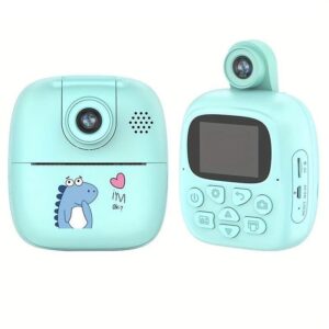 Camera Instantanee pentru Copii, , Camera Frontala + Selfie, cu Functie de Printare, Cablu USB-C, Bluetooth, Compatibil iOS/Android, Imprimare APP, Model Dino, Albastru