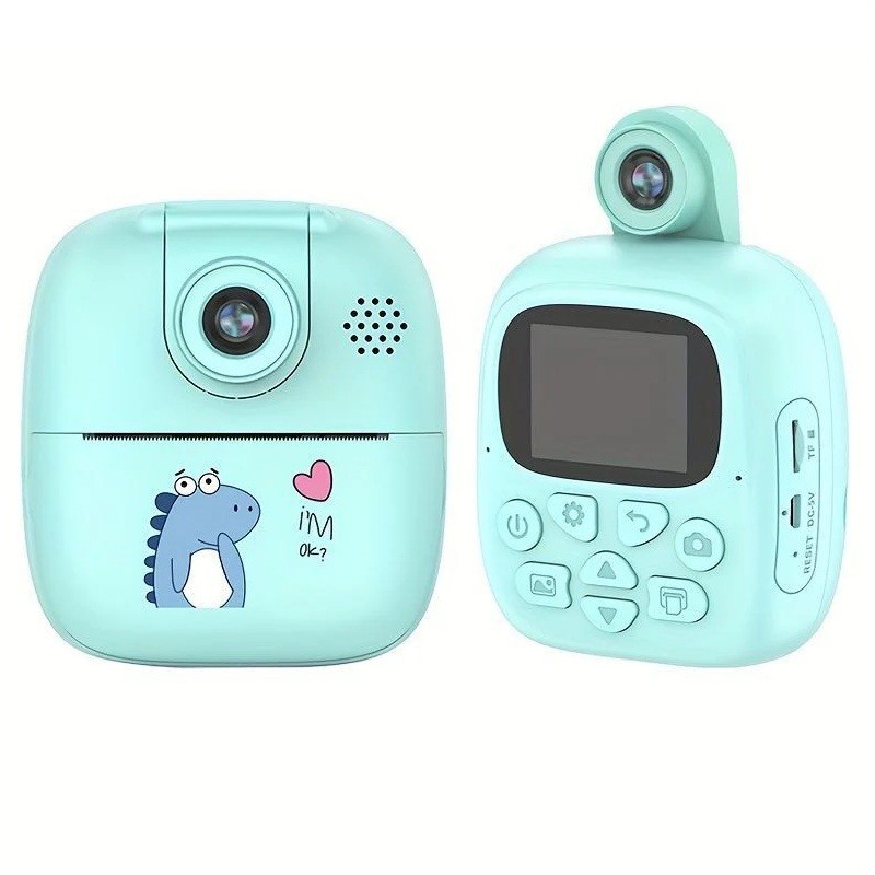Camera Instantanee pentru Copii, , Camera Frontala + Selfie, cu Functie de Printare, Cablu USB-C, Bluetooth, Compatibil iOS/Android, Imprimare APP, Model Dino, Albastru