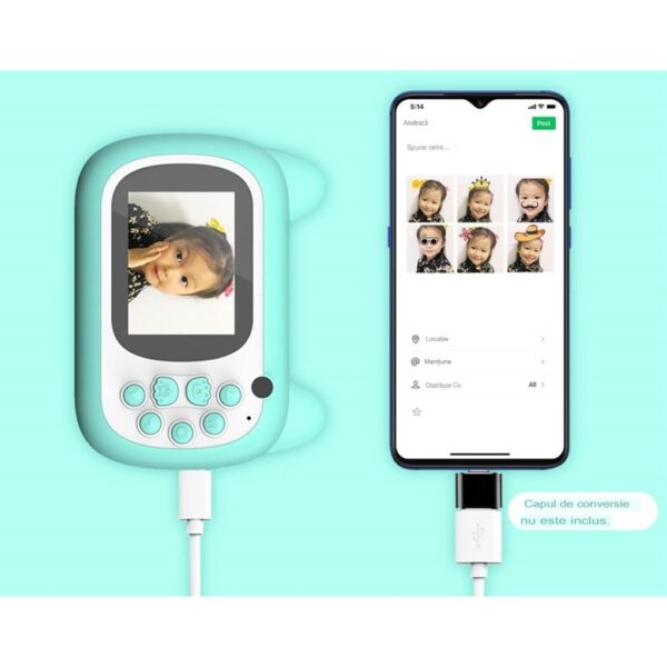 Camera Instantanee pentru Copii, , Camera Frontala + Selfie, cu Functie de Printare, Cablu USB-C, Bluetooth, Compatibil iOS/Android, Imprimare APP, Model Pisica Smiley Face, Verde - imagine 3