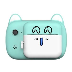 Camera Instantanee pentru Copii, , Camera Frontala + Selfie, cu Functie de Printare, Cablu USB-C, Bluetooth, Compatibil iOS/Android, Imprimare APP, Model Pisica Smiley Face, Verde