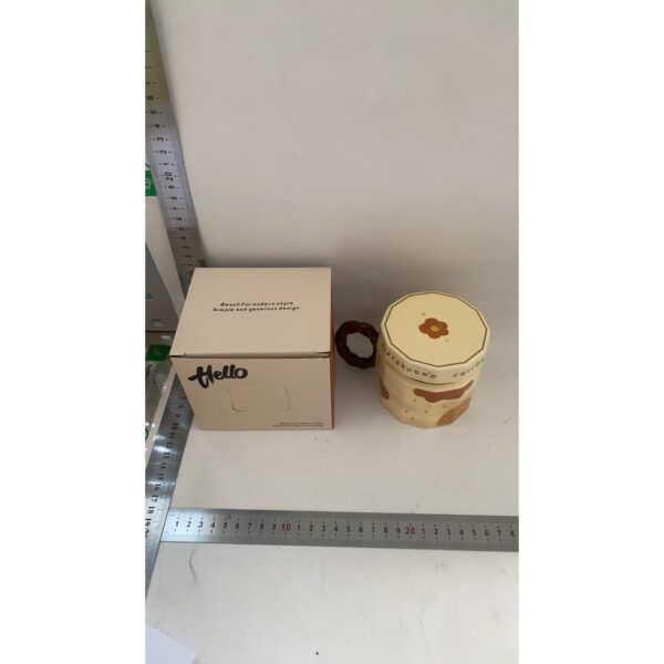 Cana din ceramica, , Cana pentru Cafea, Ceai, Cana Universala, Unisex, Cana cu Capac, 9 x 8 x 8 cm, 400 ml, Model Fetita, Bej - imagine 3