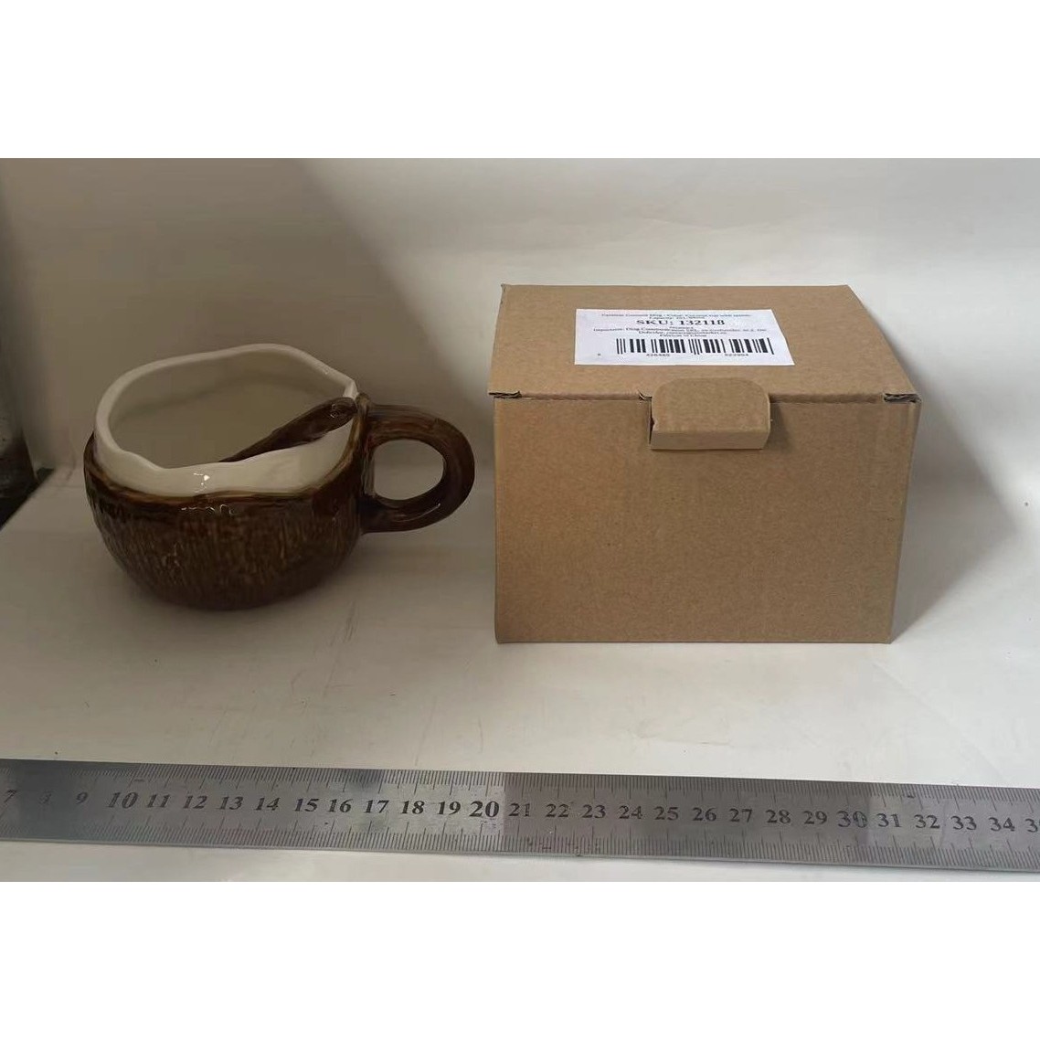 Cana din Ceramica, , 201-300 ml, cu Lingurita, Model Nuca de Cocos, Maro - imagine 2