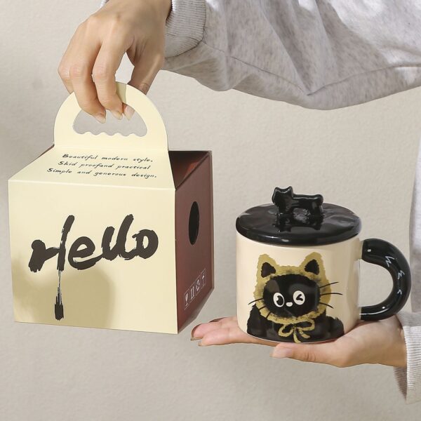 Cana din Ceramica, , Model in Cutie pentru Cadou, Cana pentru Ceai, Cafea, Cana Retro Design Capac cu Figurina 3D, 9.5 x 8 x 8 cm, 360 ml, Bej, Print Pisica Galben Negru - imagine 3