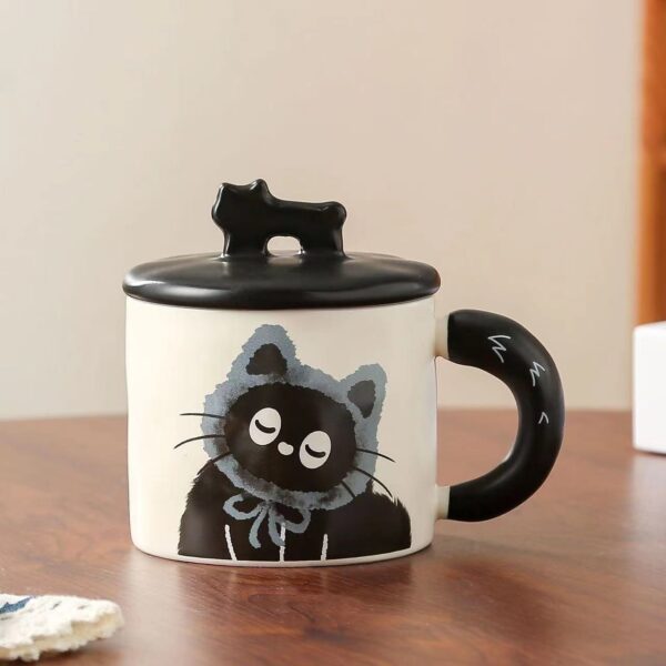 Cana din Ceramica, , Model in Cutie pentru Cadou, Cana pentru Ceai, Cafea, Cana Retro Design Capac cu Figurina 3D, 9.5 x 8 x 8 cm, 360 ml, Bej, Print Pisica Albastru Negru - imagine 2