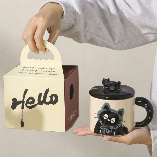 Cana din Ceramica, , Model in Cutie pentru Cadou, Cana pentru Ceai, Cafea, Cana Retro Design Capac cu Figurina 3D, 9.5 x 8 x 8 cm, 360 ml, Bej, Print Pisica Albastru Negru - imagine 3