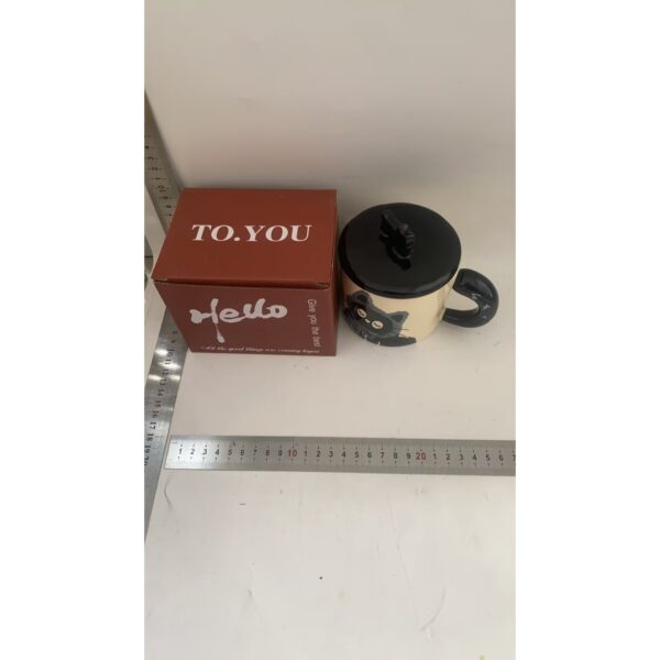 Cana din Ceramica, , Model in Cutie pentru Cadou, Cana pentru Ceai, Cafea, Cana Retro Design Capac cu Figurina 3D, 9.5 x 8 x 8 cm, 360 ml, Bej, Print Pisica Albastru Negru - imagine 4