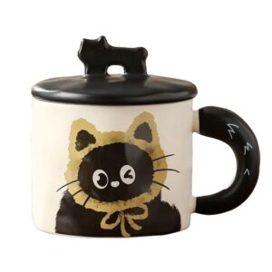 Cana din Ceramica, , Model in Cutie pentru Cadou, Cana pentru Ceai, Cafea, Cana Retro Design Capac cu Figurina 3D, 9.5 x 8 x 8 cm, 360 ml, Bej, Print Pisica Galben Negru