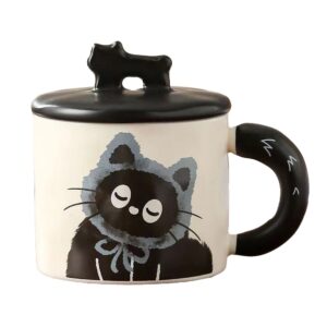 Cana din Ceramica, , Model in Cutie pentru Cadou, Cana pentru Ceai, Cafea, Cana Retro Design Capac cu Figurina 3D, 9.5 x 8 x 8 cm, 360 ml, Bej, Print Pisica Albastru Negru