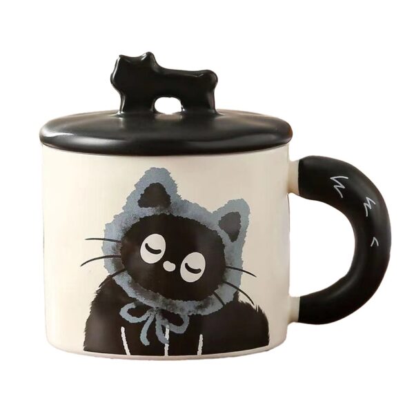 Cana din Ceramica, , Model in Cutie pentru Cadou, Cana pentru Ceai, Cafea, Cana Retro Design Capac cu Figurina 3D, 9.5 x 8 x 8 cm, 360 ml, Bej, Print Pisica Albastru Negru