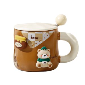 Cana din Ceramica, , Model Urs pentru Baieti, Cana Universala, Cana pentru Ceai, Cana cu Lingura Metalica si Capac, 9.6 x 9.5 x 9.5 cm, 400 ml Maro