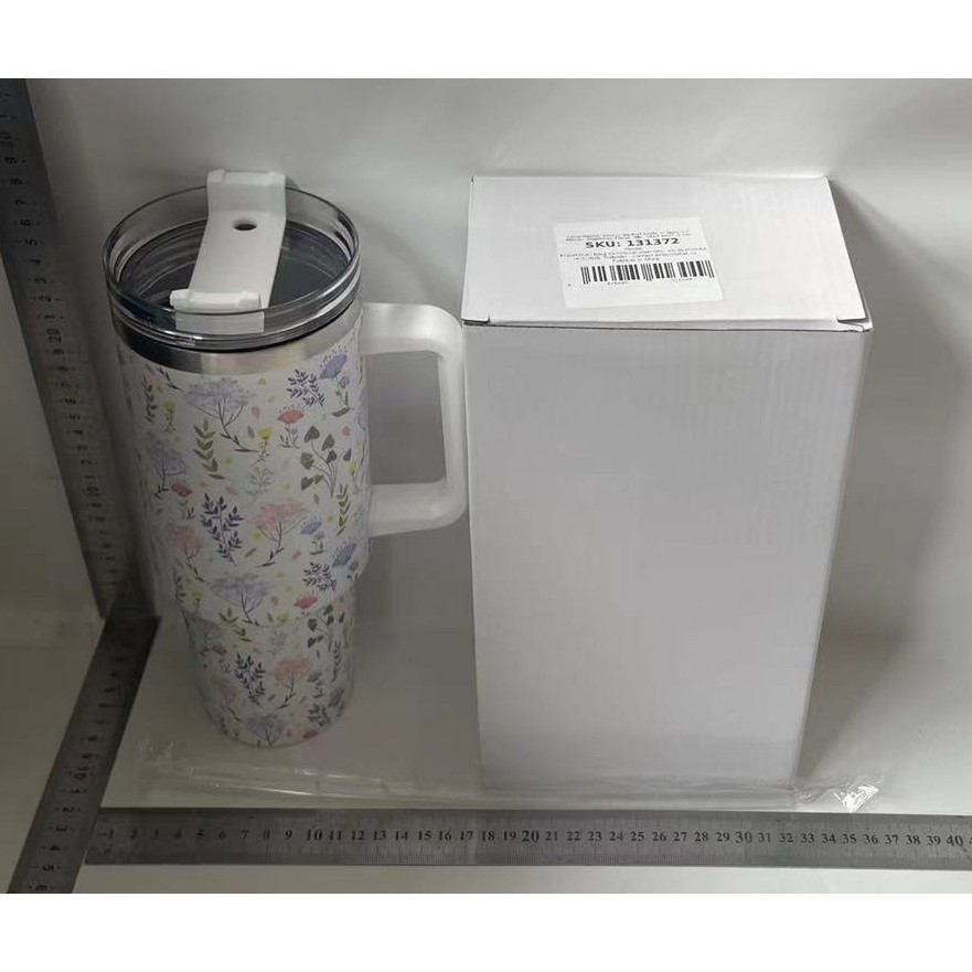 Cana Termos din Plastic, , pentru Bauturi Calde si Reci, cu Maner, Imprimeu Floral,  Alb, 10x7.6x27.5 cm - imagine 2