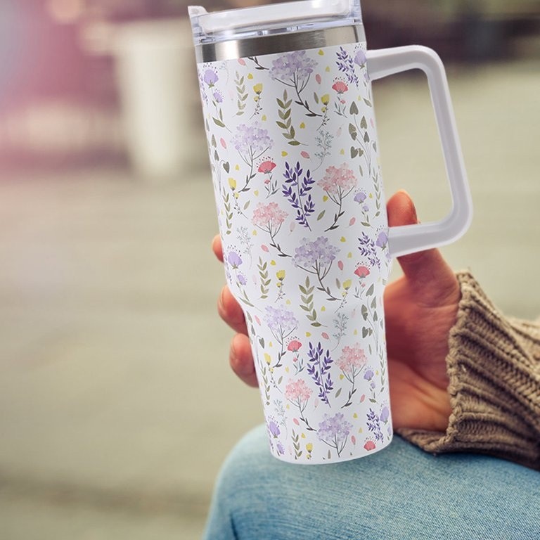 Cana Termos din Plastic, , pentru Bauturi Calde si Reci, cu Maner, Imprimeu Floral,  Alb, 10x7.6x27.5 cm - imagine 3