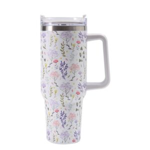 Cana Termos din Plastic, , pentru Bauturi Calde si Reci, cu Maner, Imprimeu Floral,  Alb, 10x7.6x27.5 cm